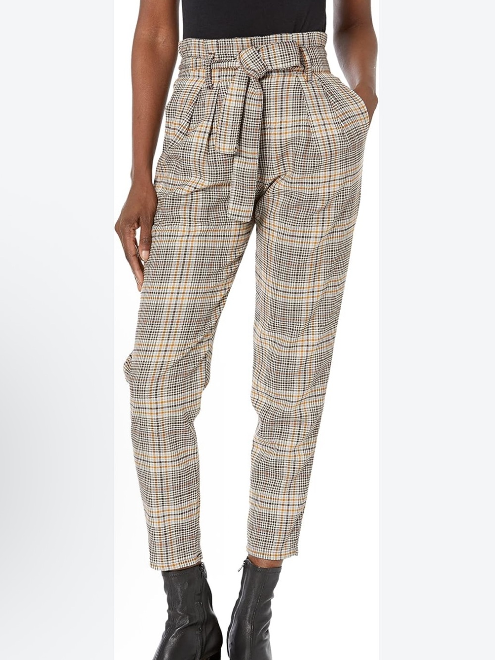 Ella Moss Plaid Paperbag Waist Ankle Trousers - Beige/Black/Tan 11